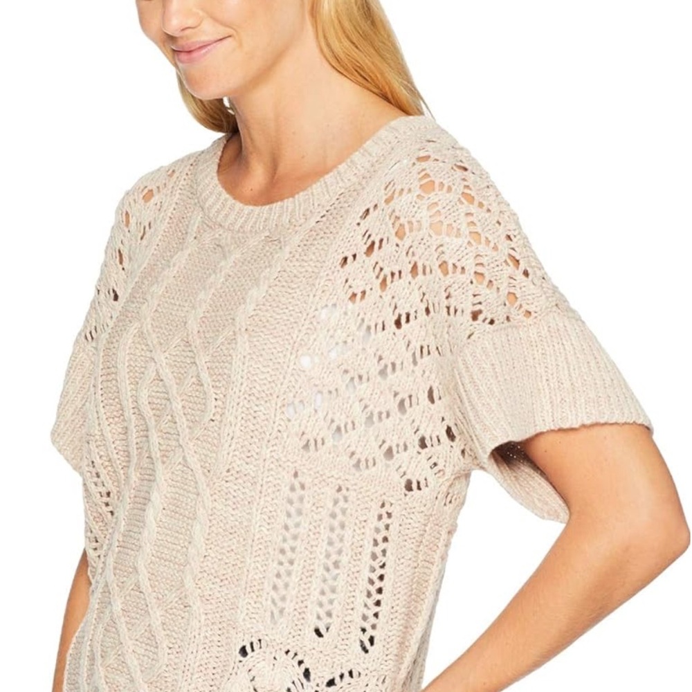 NWOT Prana Cream/Tan Patchwork Open Knit Short Sleeve Pull over Top Sweater XS